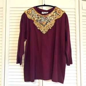 Vintage 80s Basil Purple Glam Embellished Floral 3/4 Sleeve Tee T Shirt Size 1X